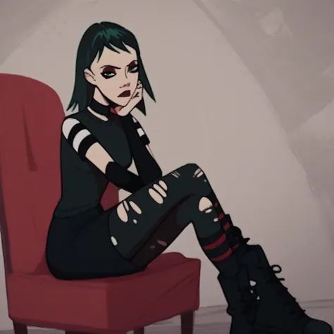 Score_9, Score_8_up, Score_7_up, 1girl, solo, green hair, medium hair, green eyes, red eyeshadow, makeup, red lipstick, black choker, black arm warmers, black shirt, striped sleeves, black skirt, torn leggings, striped socks, black boots, sitting, legs cro...