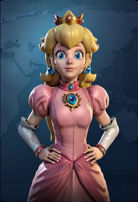 3d, CivVILeaders,3d,score_9, score_8, score_7, score_6_up,princess peach,1girl,cute,hands on hips,looking at viewer