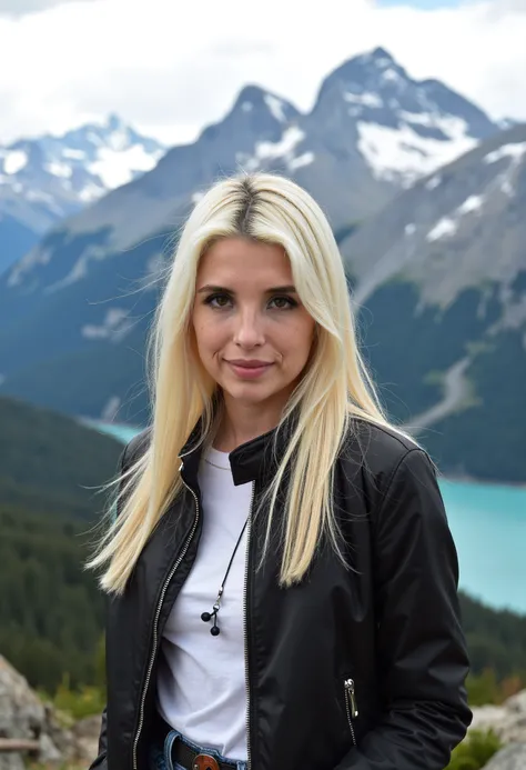 pORTRAIT OF a Blonde woman posing for a picture in front of a mountain