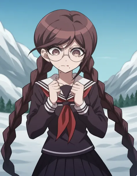 score_9, score_8_up, score_7_up, source_anime, <lora:touko-fukawa-s1-ponyxl-lora-nochekaiser:1>, touko fukawa, long hair, bangs, brown hair, braid, glasses, mole, twin braids, mole under mouth, round eyewear, brown eyes,, skirt, shirt, long sleeves, school...