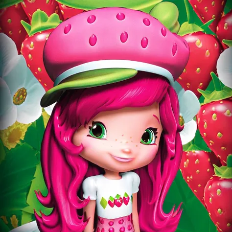 long pink hair, big pink hat, frilled dress, white shirt, green bow in hair, freckles arcoss face, pink hair, Strawberry Shortcake, 3d, green eyes