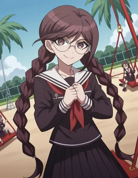 score_9, score_8_up, score_7_up, source_anime, <lora:touko-fukawa-s1-ponyxl-lora-nochekaiser:1>, touko fukawa, long hair, bangs, brown hair, braid, glasses, mole, twin braids, mole under mouth, round eyewear, brown eyes,, skirt, shirt, long sleeves, school...