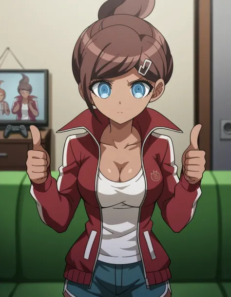 score_9, score_8_up, score_7_up, source_anime, <lora:aoi-asahina-s1-ponyxl-lora-nochekaiser:1>, aoi asahina, short hair, bangs, blue eyes, brown hair, hair ornament, ponytail, hairclip, dark skin, dark-skinned female, large breasts,, shirt, long sleeves, c...