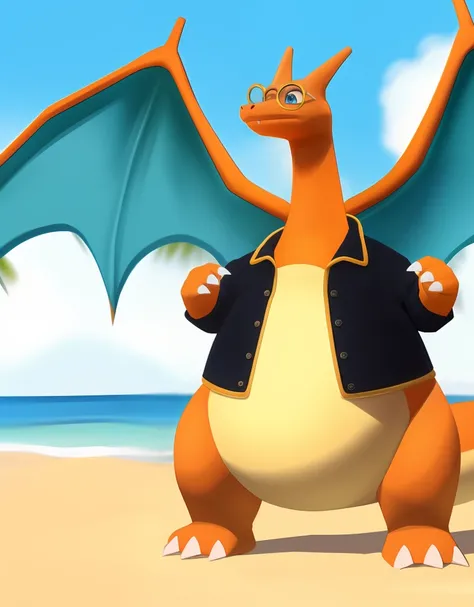 (((detailed eyes, detailed face))), (feral, charizard <lora:character_charizard_unite_findigo_v1:0.9>, pokemon, orange skin, green wings, flame-tipped tail, claws, blue eyes, fangs out), male, (solo), (plump, fat, chubby, overweight), (adept costume, black...