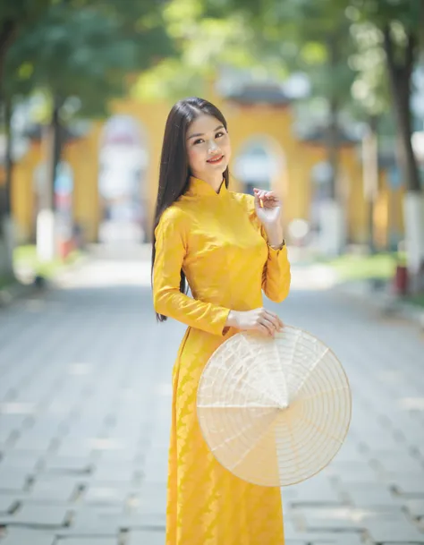 RC Hoang, Vietnamese, aodaiv11, a young woman wearing a traditional Vietnamese dress. She is standing on a cobblestone street with trees and a yellow archway in the background. The woman is wearing a long, flowing yellow dress with a high neckline and long...