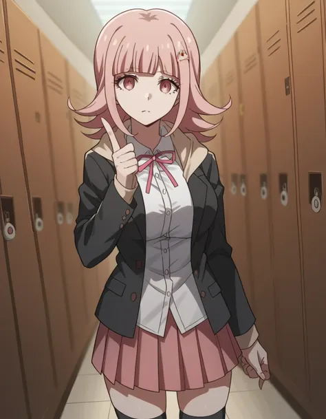 score_9, score_8_up, score_7_up, source_anime, <lora:chiaki-nanami-s2-ponyxl-lora-nochekaiser:1>, chiaki nanami, blunt bangs, pink hair, hair ornament, medium hair, pink eyes, large breasts,, black shirt, black jacket, jacket, long sleeves, neck ribbon, op...