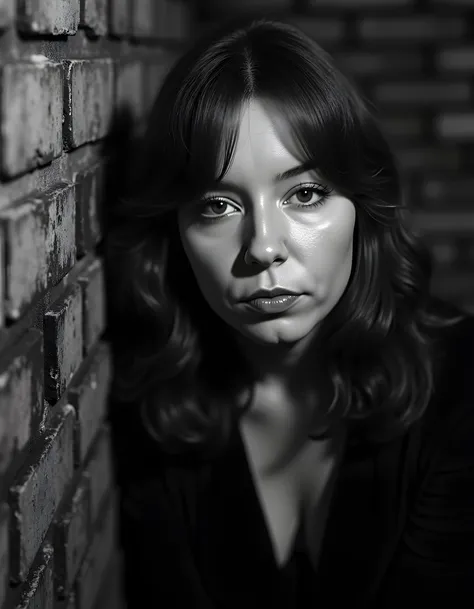 A high-definition, black and white photograph captures Y3L1S, a woman with striking, black eyes that seem to pierce the soul, in an intimate, close-up portrait. Her parted lips are slightly pursed, as if shes on the verge of speaking or singing, set agains...