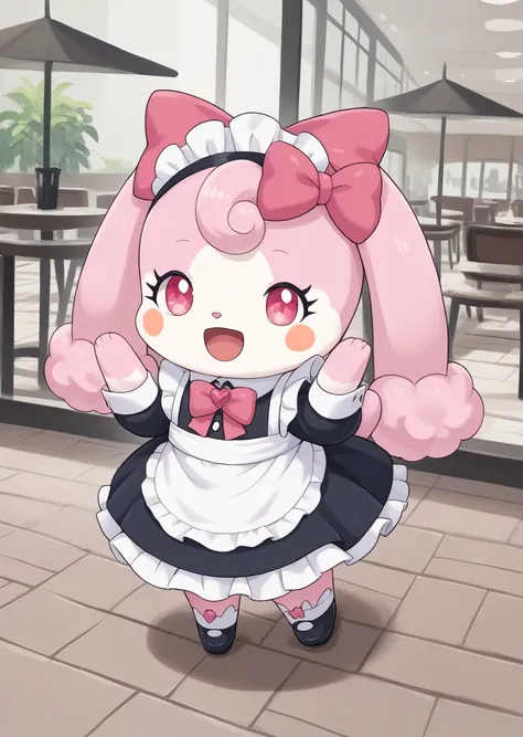 score_9, score_8_up, score_7_up, score_6_up, score_5_up, BREAK
source_anime, source_furry, Melory, solo, smile, open mouth, bow, standing, full body, open eyes, :d, hair bow, heart, no humans, cafe, blush stickers, happy, pink bow, maid dress, maid headdre...