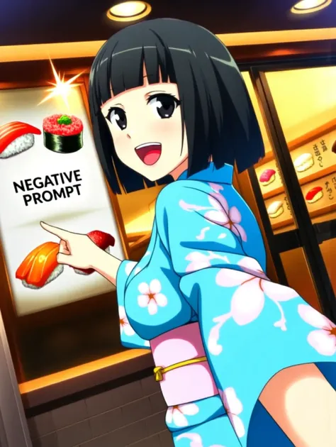 1girl, bob cut, blunt bangs, black hair, black eyes, open mouth, happy, blue floral print kimono, medium breasts , from behind, from side, (looking at viewer:1.8), upper body, looking back, anime screencap, best quality, masterpiece,  standing in front of ...