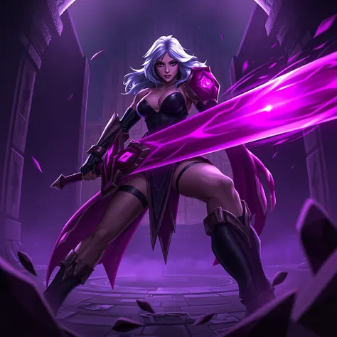 Epic_LOL, Riven from League of Legends stands ready for battle, her large sword glowing with mystical pink energy. Her stance exudes strength and confidence as she prepares to strike, with her hair flowing in the wind. The setting is a mysterious ancient t...