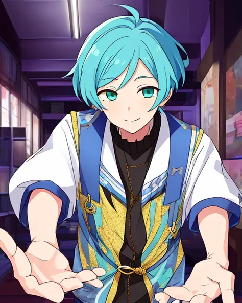 shinkai kanata, solo, aqua hair, 1boy <lora:KanataSD15-06:0.7>