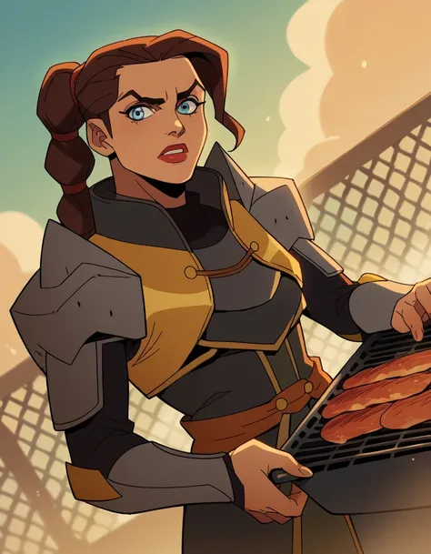 score_9, score_8_up, score_7_up, source_anime, <lora:dragonage-tassia-anime-ponyxl-lora-nochekaiser:1>, tassia, blue eyes, brown hair, makeup, lipstick, ponytail,, armor, shoulder armor, pauldrons,, backyard, barbecue, grilling, laughter, summer evening, ,...