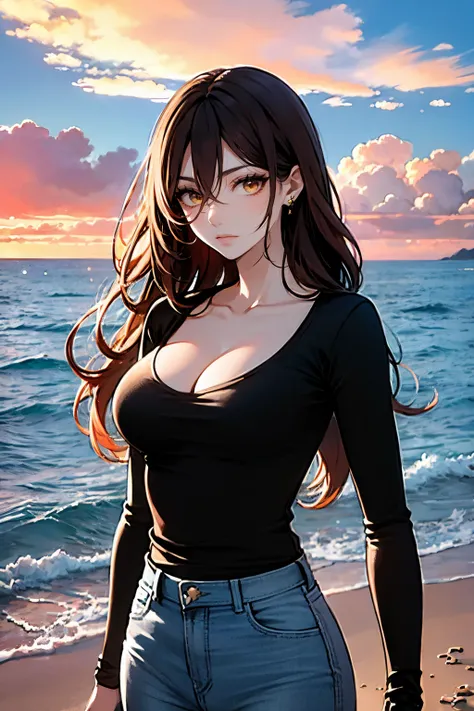 ,hunghu,1girl,solo,breasts,brown hair,long hair,looking at viewer,shirt,pants,cleavage,black shirt,denim,yellow eyes,jeans,collarbone,long sleeves,large breasts,earrings,v-neck,closed mouth,jewelry,bangs,window,standing,expressionless,cowboy shot,blue pant...