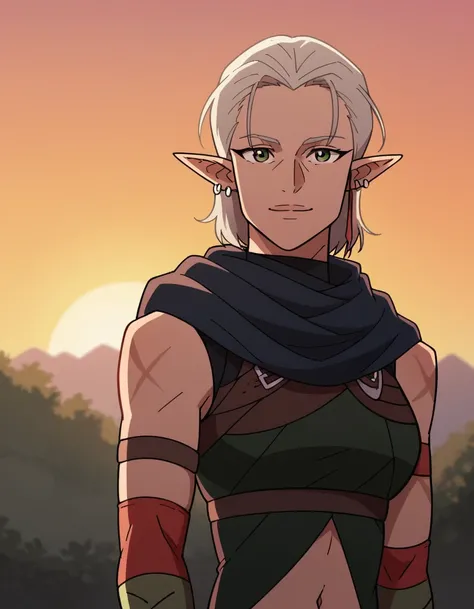 score_9, score_8_up, score_7_up, source_anime, <lora:dota-drysi-anime-ponyxl-lora-nochekaiser:1>, drysi, grey hair, pointy ears, elf, green eyes,, navel, jewelry, earrings, pointy ears, scarf,, suburban neighborhood, morning jog, earphones, running shoes, ...