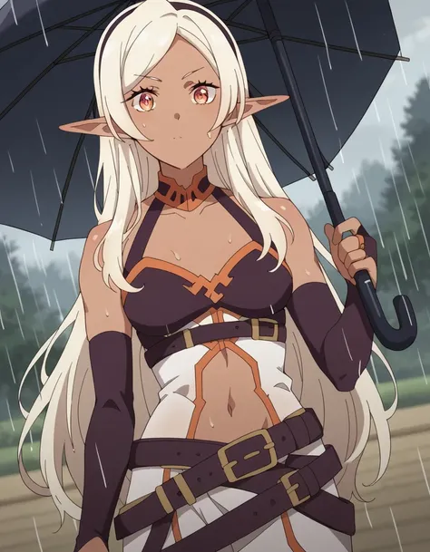 score_9, score_8_up, score_7_up, source_anime, <lora:farming-isekai-ya-s1-ponyxl-lora-nochekaiser:1>, ya, long hair, white hair, hairband, pointy ears, dark skin, dark-skinned female, orange eyes, black hairband, elf, dark elf, medium breasts,, gloves, navel, bare shoulders, collarbone, elbow gloves, belt, bridal gauntlets, navel cutout,, rainy day, umbrella, walking home, puddles, wet hair, , looking at viewer, arm flexed showing muscle, solo,, cowboy shot, dutch angle