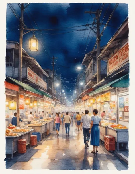 Watercolor painting of A bustling night market in Bangkok with lanterns illuminating the array of street food vendors