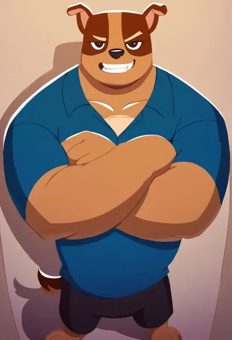 score_7_up, score_8_up, score_9, masterpiece, perfect face, perfect hands, high quality,
Roger-Hayopka, cartoon, anthro dog, dog ears, 1boy, male, solo, brown fur, brown body, black nose, 
black eyes, broad shoulders, big arms, small legs,
((blue t-shirt))...