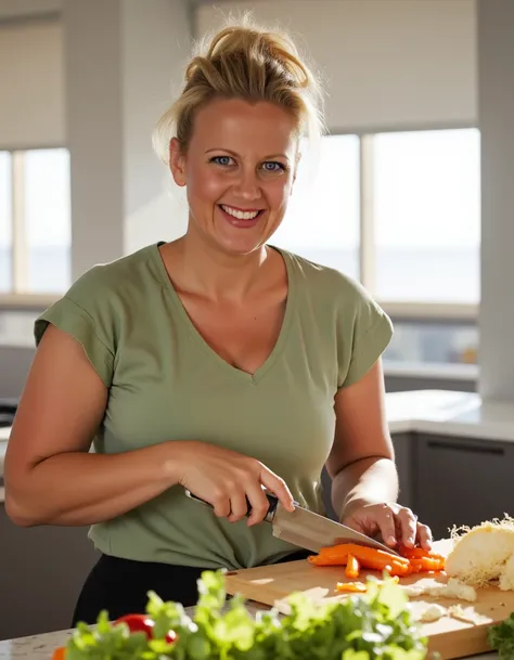 <lora:Barbara_Schöneberger_-_Flux1-000014:1>A photorealistic portrait of b4a woman in her kitchen, chopping vegetables for dinner. She is smiling softly, with her signature blonde hair in a messy bun, wearing a casual outfit. The kitchen is modern, with br...