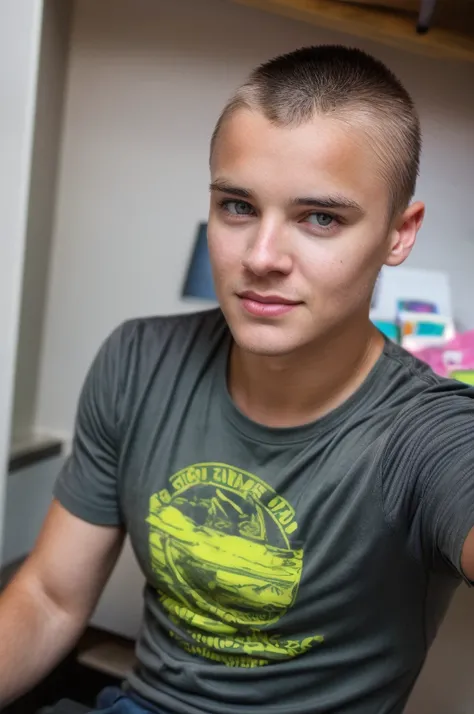 solo, highest resolution highly detailed photograph. hlaf body shot, portrait, looking at viewer, wearing a t-shirt, Abby, Twink, perfecteyes, working in a office