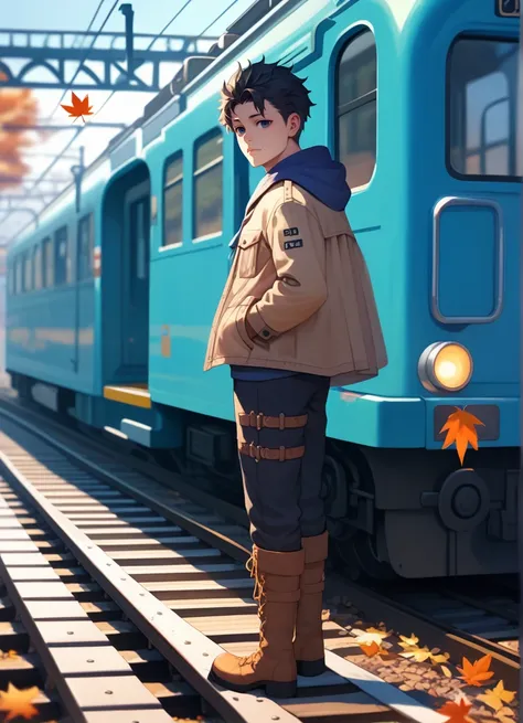 score_9,score_8_up,score_7_up,1boy,solo,autumn leaves,black hair,looking at viewer,standing,train station,railroad tracks,blue hoodie,tan jacket,ground vehicle,outdoors,blurry,train,autumn,bangs,long sleeves,full body,serafuku,depth of field,from side,leaf...