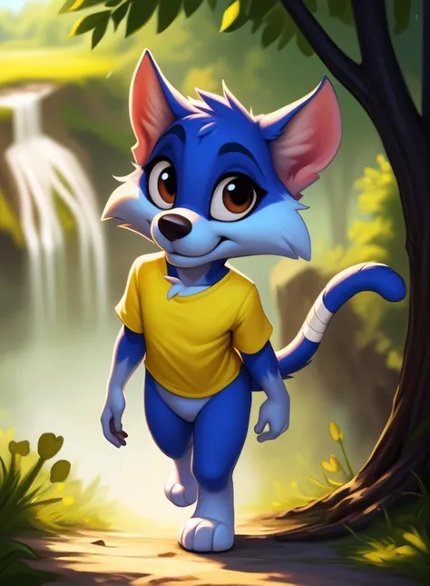 <lora:FurrballCatLonTunYif:1> FurrballCatLonTun, cat, black nose, white sclera, blue fur, light blue belly, (bandages on tail), yellow shirt, chibi, small body,
Looks at the viewer, [  solo, (nature), forest, day, clouds, waterfall,  smile,](walking, view ...