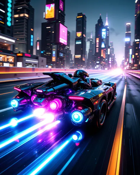 A sleek speeder rockets down a neon-drenched highway, its glowing undercarriage casting a streak of electric blue light in its wake. The city blurs around it, towering skyscrapers adorned with pulsing holograms and flashing advertisements, reflecting off i...