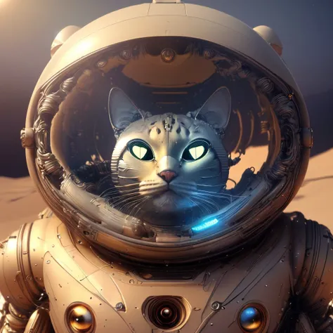 masterpiece, full body shot, intricate photo, sitting mechanical cat on Mars, hyper realistic, highly detailed, sharp focus, 8K, cozy outdoor lighting, high quality, high resolution, 8K,  CatOnMars:0.5