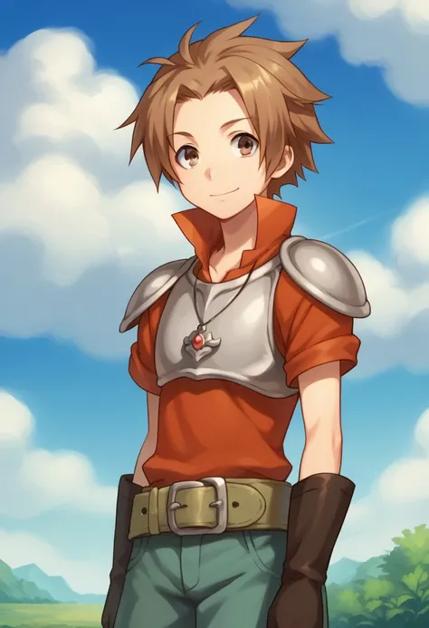 score_9, score_8_up, score_7_up, source_anime, highly detailed, 
albafru, 1boy, solo, male focus, brown hair, brown eyes, armor, shorts, belt, jewelry, smile, upper body,
outdoor, sky, clouds,