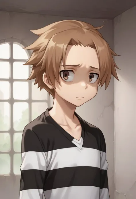 score_9, score_8_up, score_7_up, source_anime, highly detailed, 
albafru, 1boy, solo, brown hair, brown eyes, male focus, striped, upper body, prison clothes,
indoor, dungeon, shaded face, depressed,