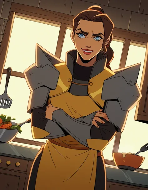 score_9, score_8_up, score_7_up, source_anime, <lora:dragonage-tassia-anime-ponyxl-lora-nochekaiser:1>, tassia, blue eyes, brown hair, makeup, lipstick, ponytail,, armor, shoulder armor, pauldrons,, kitchen, cooking, apron, cutting vegetables, home cooking...