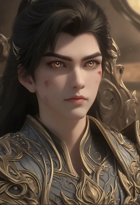 (super detailed adult clean face), detailed eyes, expressiveH, focus on face, from side, medium shot, score_9, score_8_up, score_7_up, shihao, 1boy, solo, black hair, emperor_armor, blue eyes, gold eyes, ponytail, slim toned male, blood, blood on face. cre...