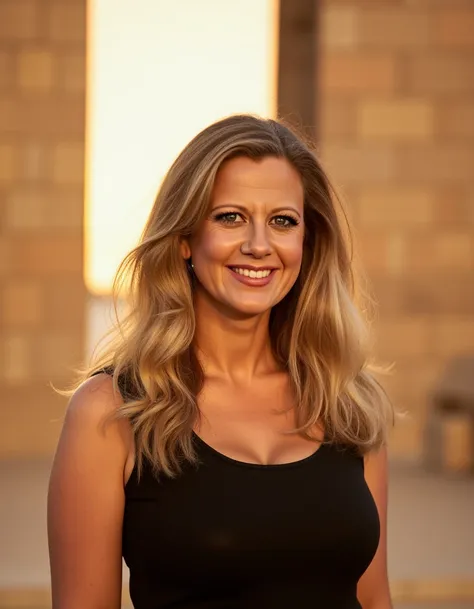 <lora:Barbara_Schöneberger_-_Flux1-000014:1>A majestic close-up of b4a woman at an open-air award ceremony, standing tall in front of a massive, ancient temple backdrop. Her makeup is perfectly highlighted by the setting sun as she smiles proudly. The epic...