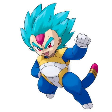 Vegeta SSJ2 pokemon with visually vibrant and iconic, a digital drawing in a cartoonish style, centered around cute creature in a dynamic pose. bold, dynamic image of the colorful Pokemon in an action pose, taking up most of the space. dynamic pattern line...