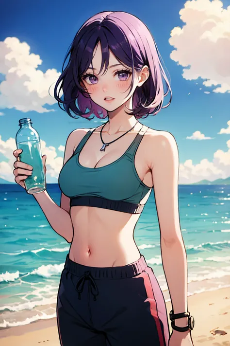 ,hunghu,1girl,solo,bottle,purple hair,jewelry,necklace,breasts,purple eyes,sports bra,water bottle,navel,short hair,midriff,looking at viewer,blue pants,bracelet,pants,cleavage,sweatpants,blush,underwear,medium breasts,bra,bangs,teeth,cowboy shot,collarbon...