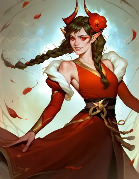 score_9, score_8_up, score_7_up,     detailed background, realistic lighting, 
1 girl, detailed eyes,slim and fit, dynamic pose, 
<lora:Lord_of_Heroes_Lairei_Yen:0.8>, LaireiYen, pointy ears, red eyes, horns, hair flower, red dress, twin braids, 
dance, 
 ...