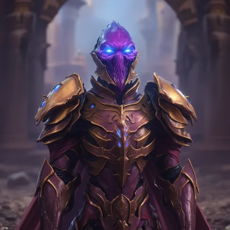 high-detailed photo of protoss knight standing in front of castle walls, purple skin, blue glowing eyes, no mouth, golden armor, 4k, 8k