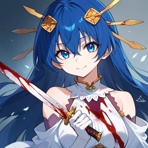 score_9, score_8_up, score_7_up, source anime, lia parapara leazas, 1girl, long hair, solo, blue eyes, white gloves, blood, blue hair, weapon, elbow gloves, bare shoulders, hair ornament, smile, white dress, sword, looking at viewer, upper body, closed mou...