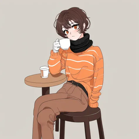 1girl, brown pants, long sleeved black sweater, brown and black striped scarf, short black hair, orange eyes, brown gloves, drinking coffee, sitting on a stool,solo,