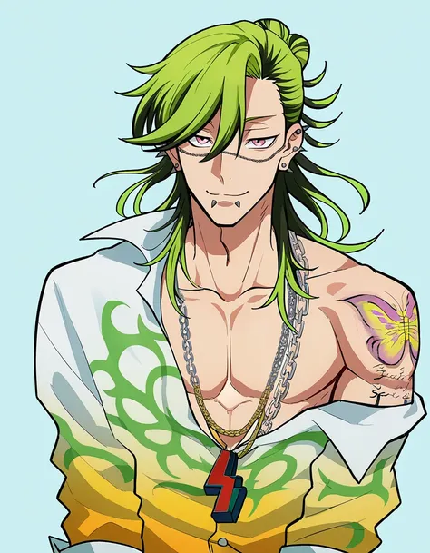 <lora:Bucchigiri_part2:1>,zPDXL2,rating_safe,marito,1boy,male focus,green hair,hair bun,labret piercing,snakebite (piercing),spiked ear piercing,multiple piercings,multicolored hair,chain on face,jewelry,necklace,lightning bolt necklace,arm tattoo,butterfl...