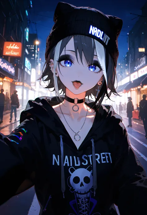 score_9, score_8_up, score_7_up, best quality, source_anime BREAK, (fisheye:1.2), selfie, 1girl, moody nighttime atmosphere, v, tongue out, oversized hoodie, beanie, piercing, oversized clothes, dark eyeshadow, eyeliner, dark lipstick, streaked hair, choke...