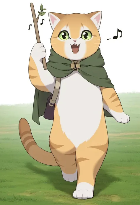 score_9, score_8_up,score_7_up,masterpiece, best quality,Thro, solo, holding, cat, green eyes, open mouth, full body, stick, :3, standing, no humans, grass, animal focus, green cape, cape, musical note, food, animal, white background, looking at viewer, sm...