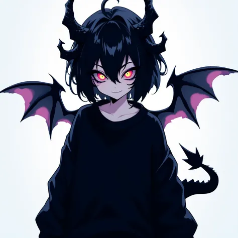 YND,Design an anime girl with psycho dragon characteristics, such as jagged horns, chaotic wings, and a serpentine tail. Her short black hair contrasts with her cozy, oversized black sweater, giving her a casual yet mysterious aura. Her crazy eyes, filled ...