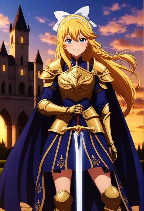 masterpiece, best quality, great quality, good quality, very aesthetic, absurdres, megami magazine, explicit, nsfw, sensitive, newest BREAK
1girl, armor, blue cape, weapon, solo, armored dress, long hair, sword, blonde hair, blue eyes, gauntlets, holding w...