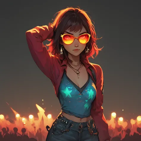 score_9, score_8_up, score_7_up, FFDAC, 1woman, glowing red sunglasses, at a theater for a concert