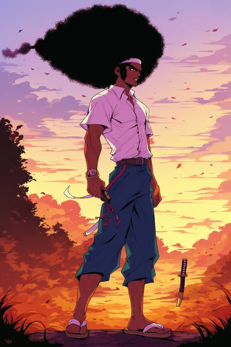 score_9, score_8_up, score_7_up, score_6_up, score_5_up, score_4_up, masterpiece, high quality, BREAK, full body, BREAK, 1boy, <lora:Afro_Samarai:0.9> AfroSamarai, black hair, afro, katana, tanned skin, wood sandals,