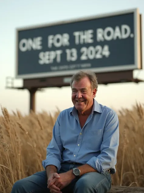 jeremyclarkson, smiling sadly sitting in a field with a billboard behind him written "ONE FOR THE ROAD. SEPT 13 2024", speech bubble text "THOSE IDIOTS GOT IT WRONG"