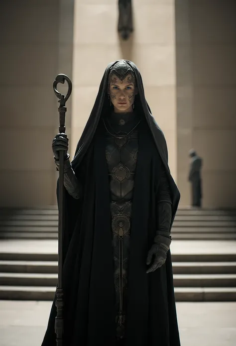 A cinematic scene of a priestess in ceremonial robes, holding a scepter, standing in the interior of a modern, minimalist, but somber cathedral. Her expression is of serious contemplation. She wears intricate headgear. The color palette is muted, and the o...