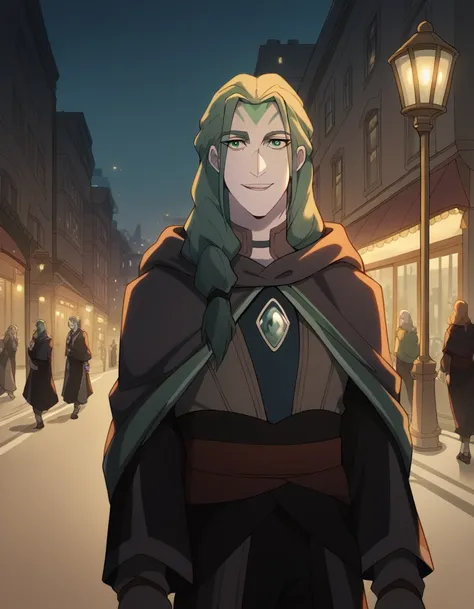 score_9, score_8_up, score_7_up, source_anime, <lora:dota-auroth-anime-ponyxl-lora-nochekaiser:1>, auroth, long hair, facial mark, green eyes, braid,, robe, cloak,, city street, evening, streetlights, walking dog, quiet neighborhood, gentle breeze, smile, ...