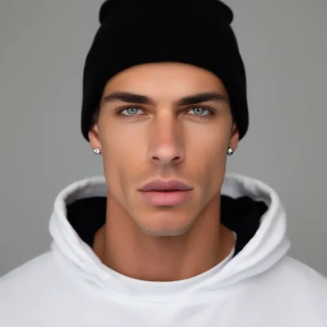 simple background, beanie, ear piercing, white shirt, grey eyes, white sweater, blurry, collared shirt, mature male, body writing, black background, mole under mouth, hoodie, realistic, solo, closed mouth, black jacket