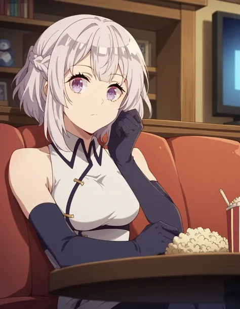 score_9, score_8_up, score_7_up, source_anime, <lora:farming-isekai-hakuren-s1-ponyxl-lora-nochekaiser:1>, hakuren, short hair, purple eyes, braid, grey hair,, gloves, bare shoulders, sleeveless, black gloves, elbow gloves, chinese clothes,, living room, t...